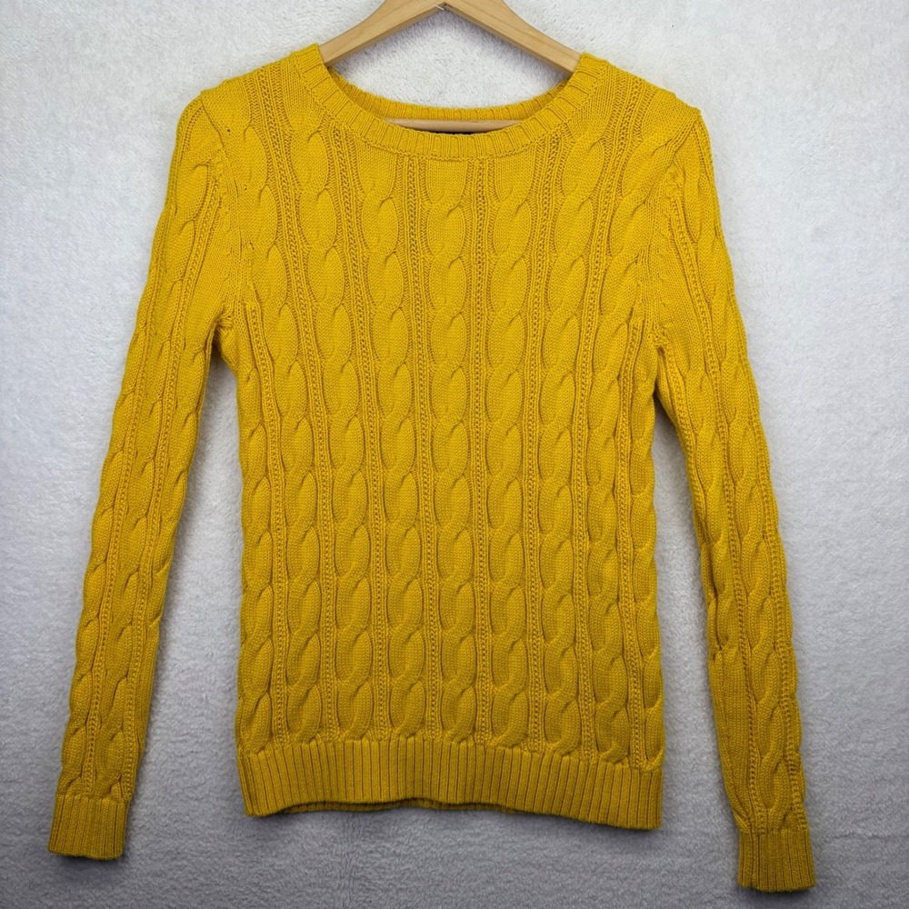 Lands End‎ Drifter Cable Knit Sweater Women XS Yellow Long Sleeve Cotton Preppy